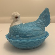 Vintage L.G. Wright Blue Slag Glass Hen On Nest Dish Red Rhinestone Eyes ￼￼￼￼ picture