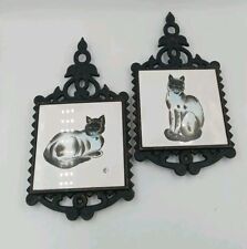 2 Vtg Cat Cast Iron Hand Painted Tile Wall Hanging Trivets Japan 60s Cat Lovers  picture
