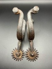 Unique Old Pair Of Engraved Iron Spurs Attributed To J.B. Mull picture