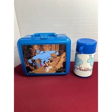 Vintage93 Disney Aladdin Plastic Lunchbox with Matching Thermos Set Glitter Blue picture