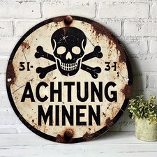 Vintage ACHTUNG MINEN Skeleton Tin Metal Signs Home Décor 8x8 picture