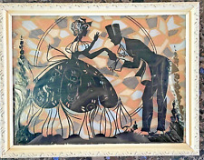 1930's Art Deco Silhouette Couple Dating Picture Reverse Painted on Glass ~9