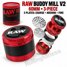 RAW Buddy Mill V2 60mm 3-Piece Grinder 3 Stainless Steel Plates Red Black picture