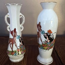 Vintage Disney Bambi Flower Vases Set of 2 Porcelain Ceramic Gold Trim Figurines picture