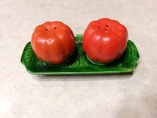 VTG Occupied Japan Tomato Salt & Pepper Shakers Mustard Jar W/Spoon On Leaf Tray picture