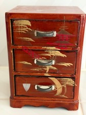 Japanese miniature hand-painted brown lacquered vintage three drawer chest picture