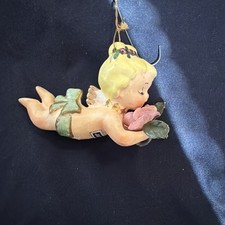 Vintage Japan Ceramic Tree Ornament Laying Blonde Angel Girl Smelling Flower picture