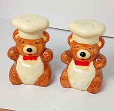 Vintage Japan Ceramic Chef Bear Salt and Pepper Shakers Set Brown Teddy Cook picture