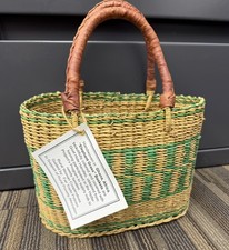 NEW African Bolga Basket Ghana Handmade Woven Leather Handles Green & Tan picture