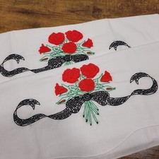 VTG Needlepoint Pillowcases 2 Matching Red Rose Bouquet Black Ribbon 30x20 picture