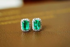 Great Natural Green Emerald Diamond Dangle Wedding Earrings Solid 18K White Gold picture
