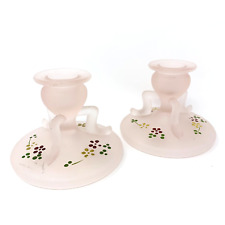 Pink Satin Glass Candlesticks Hand Painted Cottagecore Vintage Sassy Attitude picture