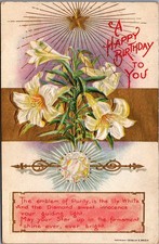 1908 E. Nash Embossed Birthday Postcard - Lilies, Diamond, Lenora, Kansas 1913 picture