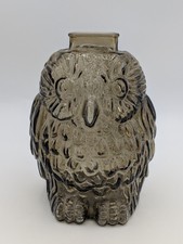 Vintage Libbey Glass Wise Old Owl Piggy Bank Money Bank Smoke Grey W/Plug picture