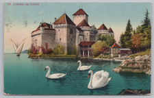 1921 Chateau de Chillon Switzerland Postcard Swans Lake Geneva Postmarked picture