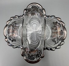 Vintage Divided Candy Dish Glass & Silver Stencil Trinket Dish Heavy Silver Edge picture