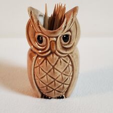 Vintage Owl Toothpick Holder Shiny Glazed Ceramic Brown with Black Eyes 2.5