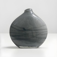 Large Grey White Swirl Studio Art Glass Vase Hand Blown Flattened Round 20cm picture
