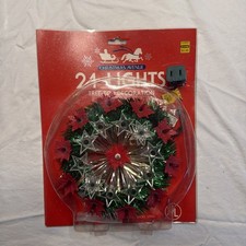 Vintage Green Tinsel Poinsettia Light Christmas Tree Wall Wreath 8” NOS #355 picture