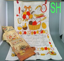Vintage 1975 Linen Calendar Tea Towel Basket Chicken Anthropomorphic Eggs Whisk picture