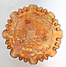 Vintage Imperial Marigold Carnival Glass 3 Footed Roses Pattern Ruffle Edge Bowl picture