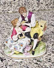 Antique German Porcelain Figurine Romantic Courting Couple w/ Birdcage & Wreath picture