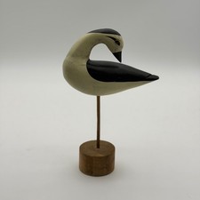 Vintage Hand Painted Wooden Shorebird Decoy on Stand Black Cream Folk Art picture