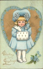 Valentine's Day Girl Muff Flower Gilt Embossed Vintage Postcard picture