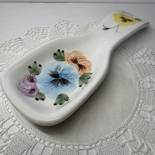 Spoon Rest White Ceramic Hand Painted Pansy Multicolor Florals  picture