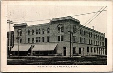 Fairbury NE~Mary-Etta Hotel Corner~Outside Chairs~Owner Between Awnings~1909 B&W picture