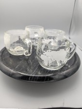 4 Vintage NESTLE NESCAFE Etched Clear Glass World Globe Map Coffee Mugs/Cups picture
