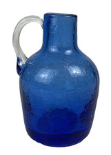 Vintage Cobalt Blue Crackle Glass Jug Bud Vase Hand Blown Applied Clear Handle 4 picture