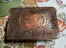 Vintage Embossed FOLK ART Wood Rectangle HUMIDOR copper Lid BOX 7” x 3” x 5” picture