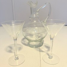 Vintage Decanter Set, Clear Etched Glass Liqueur Pitcher with 2 Glasses Rare picture