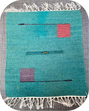 New Mexico Zapotec small wall rug hand dyed wool over cotton wrap blue 13''x11.5 picture