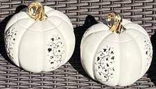 (2) Lenox Pierced Pumpkin Votive Fine Ivory China 24k Gold Accents Luminary 2001 picture