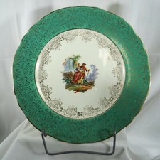 Porcelain Steubenville Dinner Plate Green 22 Carat Gold Filigree Trim. 10 7/8 in picture