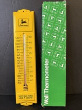 New Box Vintage John Deere Wall Thermometer OBM-381 Yellow Metal 13” Runs Like A picture
