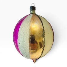 Jumbo Glass Teardrop Stripe Pink Gold White Mica Christmas Ornament 5 x 3 Vtg picture