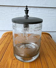 Antique (1840-1880) German Wheel Engraved Glass Beer Stein with Pewter Lid picture