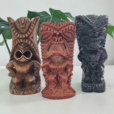 Vtg COCO JOES Lucky Tiki Figures Hawaiian Statue Hapa Wood Pomaikai Set Of 3 EC  picture