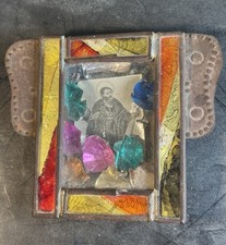 Antique 1920s Mexican Folk Art Tin Nicho St. Peter Reverse Painted Glass Shrine picture
