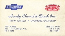1940s HOWDY CHEVROLET BUICK CAR DEALERSHIP Ted Jones BUSINESS CARD Livermore CA picture