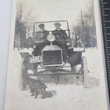 Ford Model T Car Automobile Men Dog Snow 1916 License Plate Antique Photo picture