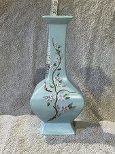 Vintage  medium light blue ceramic or porcelain vase Hand Painted And Signed picture