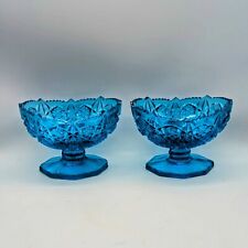 2 Vtg Kemple Wheaton Aqua Blue Toltec Sawtooth Glass Footed Candlesticks Holders picture