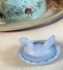 Vintage Blue Milk Glass Mini Hen on Nest Salt Cellar Covered Dish 2.5” picture