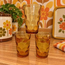 MCM Vintage Hazel Atlas Amber El Dorado Coin Dot Juice Glass Tumblers Set Of 3  picture