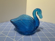 Vintage Teal Blue Glass Swan Bird Open Jewelry Trinket Cellar Dish picture