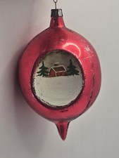 Vintage Red Teardrop Triple Indent Painted Cabin Poland Glass Christmas Ornament picture